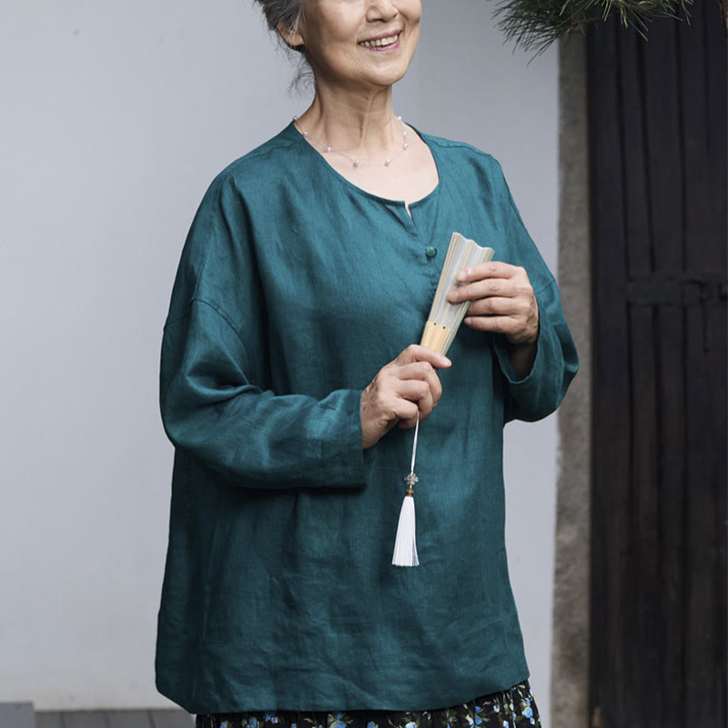 Buddha Stones Solid Color Linen Long Sleeve Women's Shirt For Older Adults - image 5