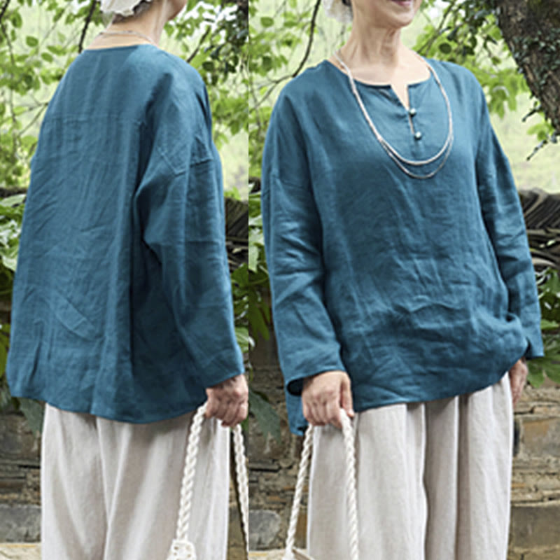 Buddha Stones Solid Color Linen Long Sleeve Women's Shirt For Older Adults - image 3