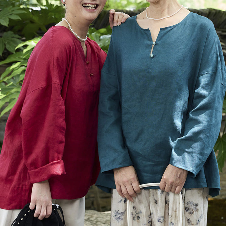 Buddha Stones Solid Color Linen Long Sleeve Women's Shirt For Older Adults - image 35