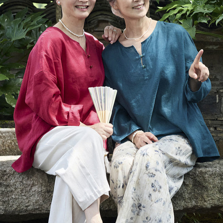 Buddha Stones Solid Color Linen Long Sleeve Women's Shirt For Older Adults - image 26