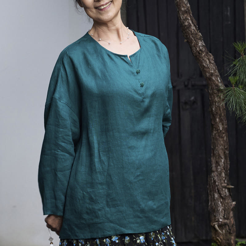 Buddha Stones Solid Color Linen Long Sleeve Women's Shirt For Older Adults - image 6