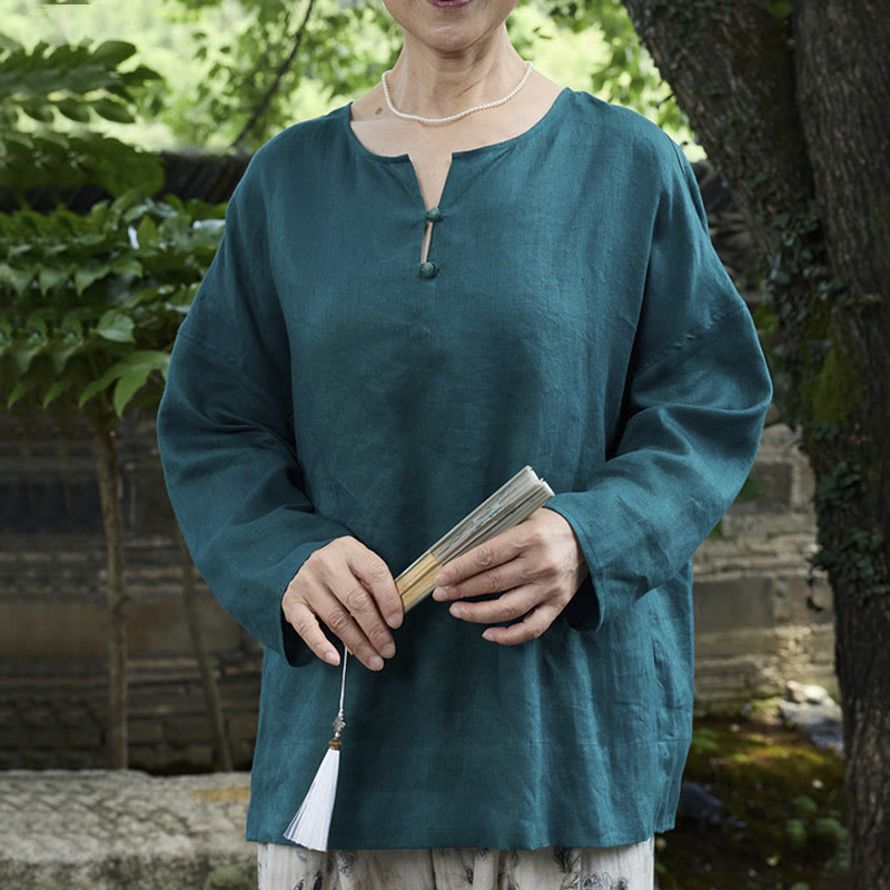 Buddha Stones Solid Color Linen Long Sleeve Women's Shirt For Older Adults - Teal - US14,UK/AU18,EU46 (2XL) - image 0