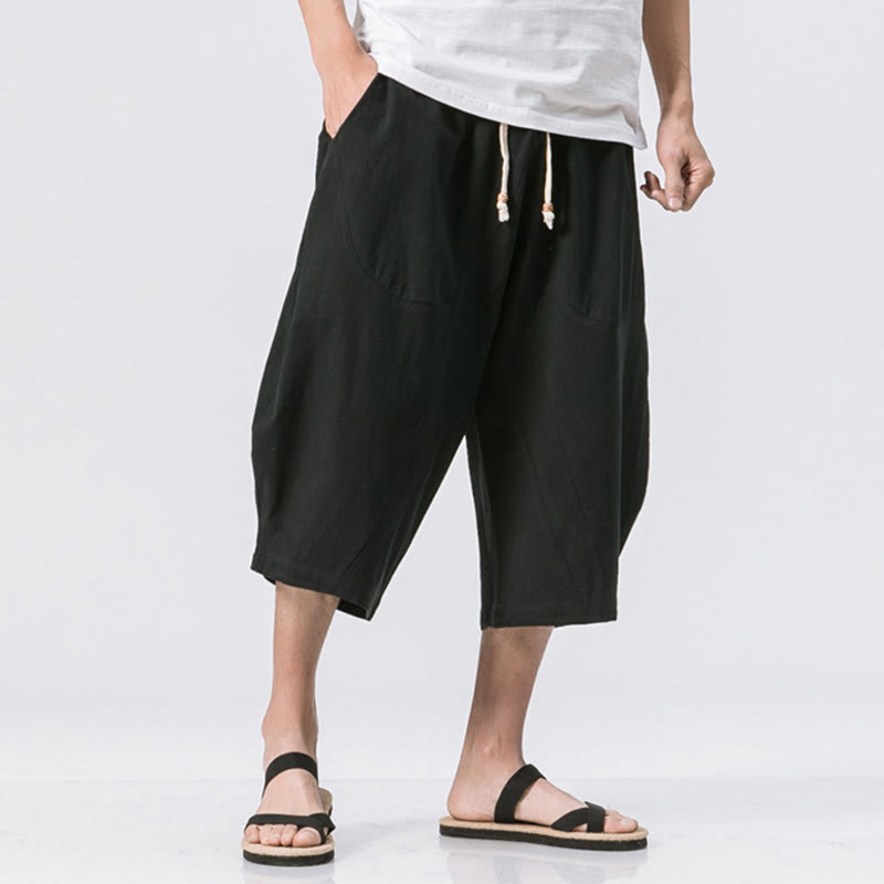 Buddha Stones Summer Casual Simple Plain Design 7-8 Length Men's Drawstring Pants With Pockets - Black - US/UK/AU46,EU56 (5XL) - image 9
