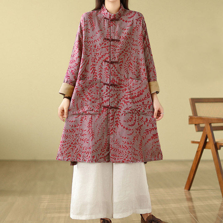 Buddha Stones Frog-button Vine Leaves Women's Coat With Pockets - image 10