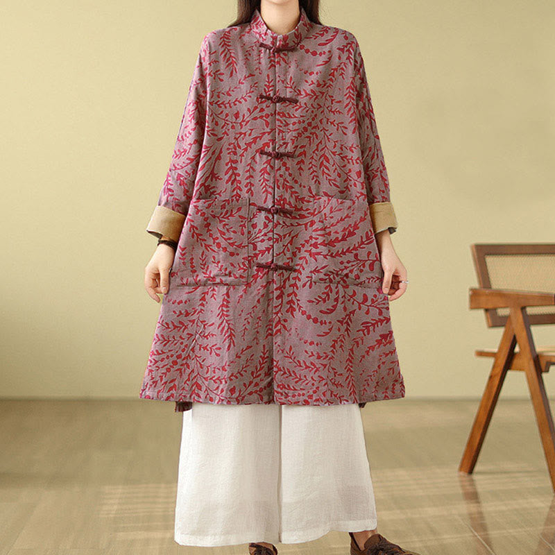 Buddha Stones Frog-button Vine Leaves Women's Coat With Pockets - image 10
