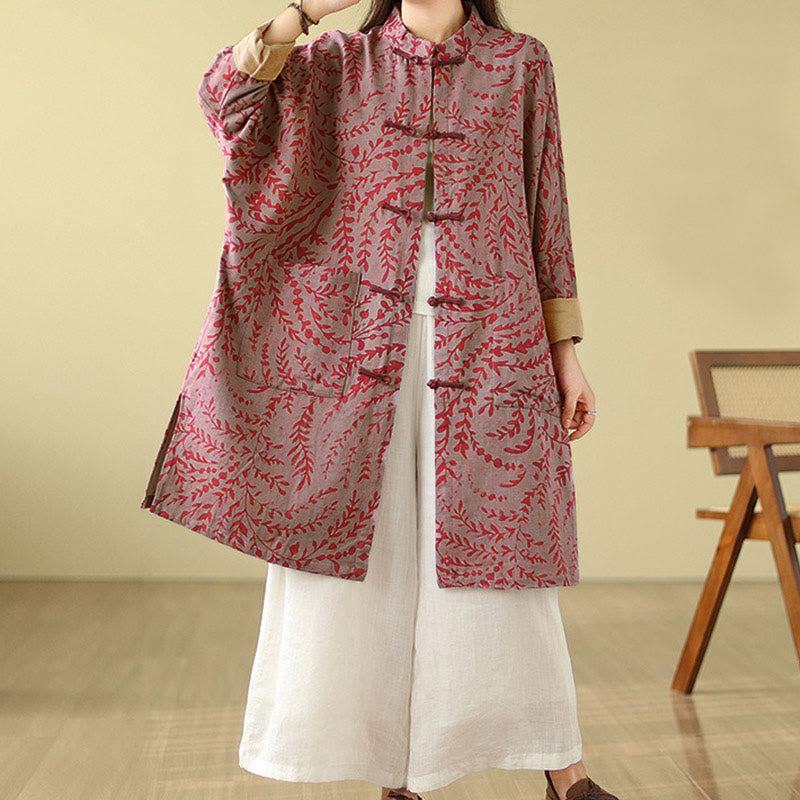 Buddha Stones Frog-button Vine Leaves Women's Coat With Pockets - image 12