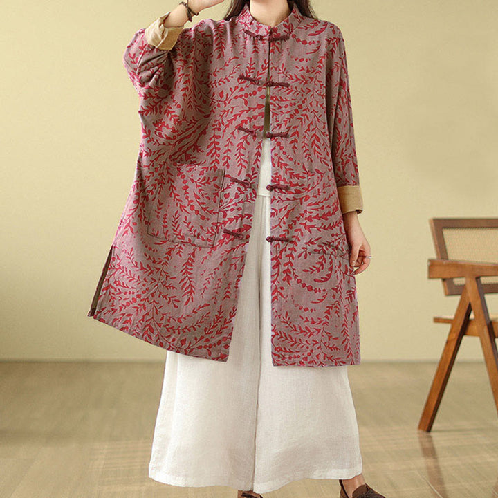 Buddha Stones Frog-button Vine Leaves Women's Coat With Pockets - image 12