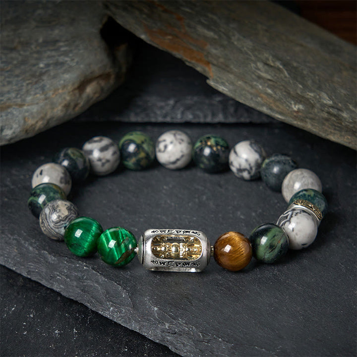 Buddha Stones Natural Grey Jasper Kambamba Jasper Tiger Eye Om Mani Padme Hum Protection Bracelet - 20cm - image 0