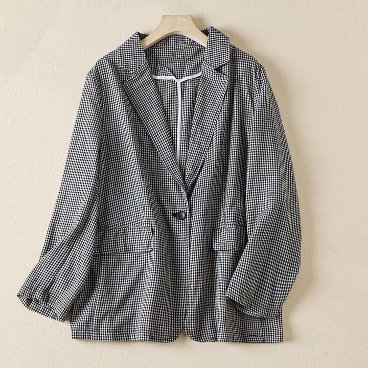 Buddha Stones Commute Plaid Pattern Women's Cotton Lapel Long Sleeve Jacket With Pockets - Small plaid - US12,UK/AU16,EU44 (2XL) - image 0