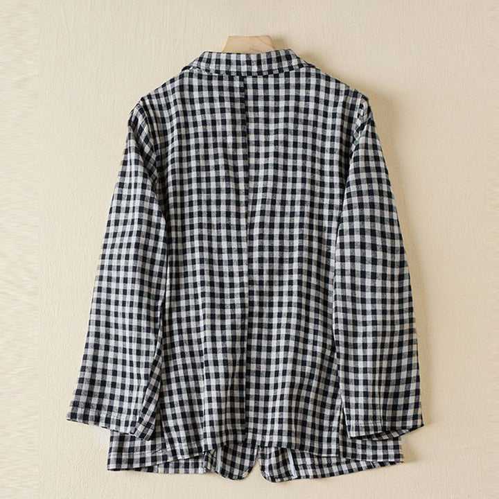Buddha Stones Commute Plaid Pattern Women's Cotton Lapel Long Sleeve Jacket With Pockets - image 8