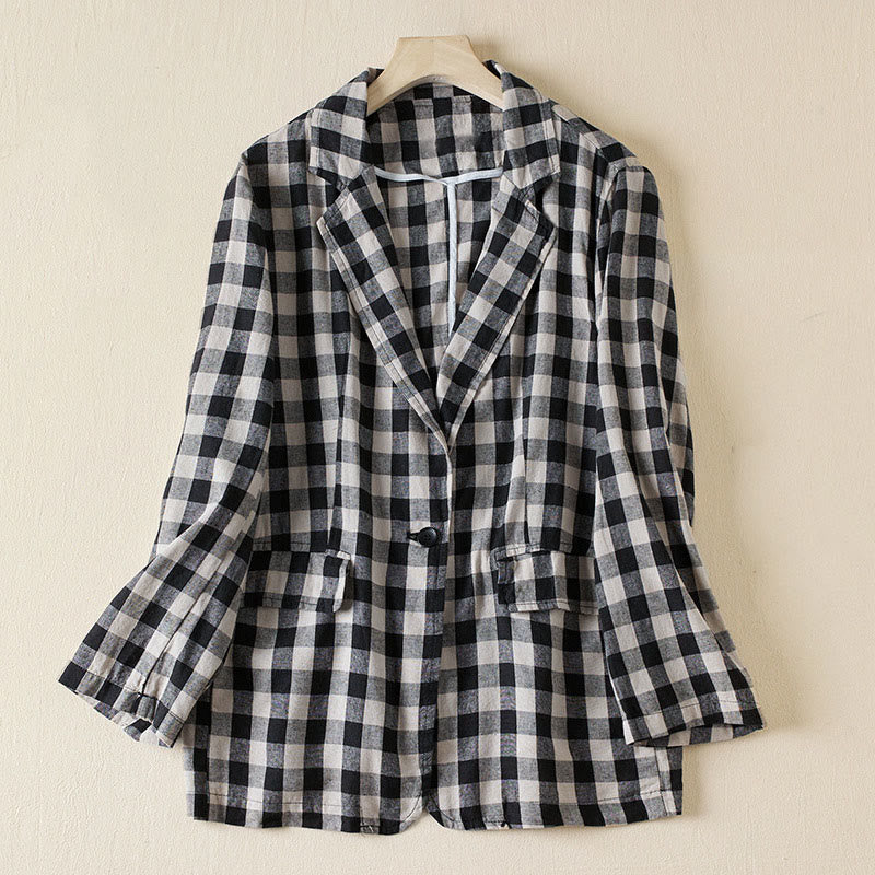 Buddha Stones Commute Plaid Pattern Women's Cotton Lapel Long Sleeve Jacket With Pockets - Large plaid - US12,UK/AU16,EU44 (2XL) - image 17