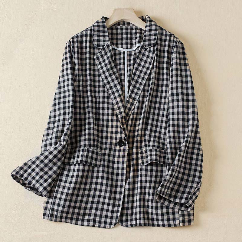 Buddha Stones Commute Plaid Pattern Women's Cotton Lapel Long Sleeve Jacket With Pockets - Medium plaid - US12,UK/AU16,EU44 (2XL) - image 7