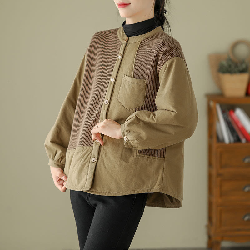 Buddha Stones Commute Plain Patchwork Design Women's Cotton Long Sleeve Jacket With Pocket - image 1