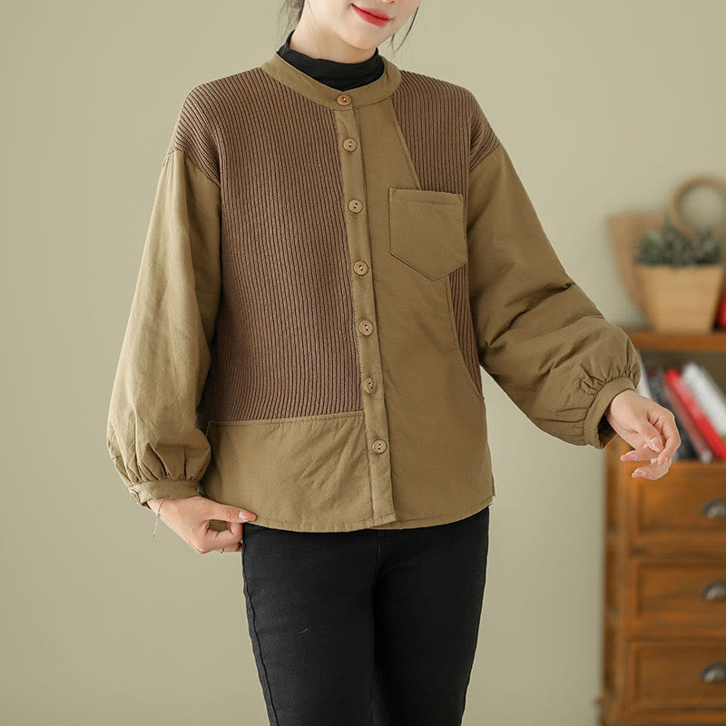 Buddha Stones Commute Plain Patchwork Design Women's Cotton Long Sleeve Jacket With Pocket - image 3