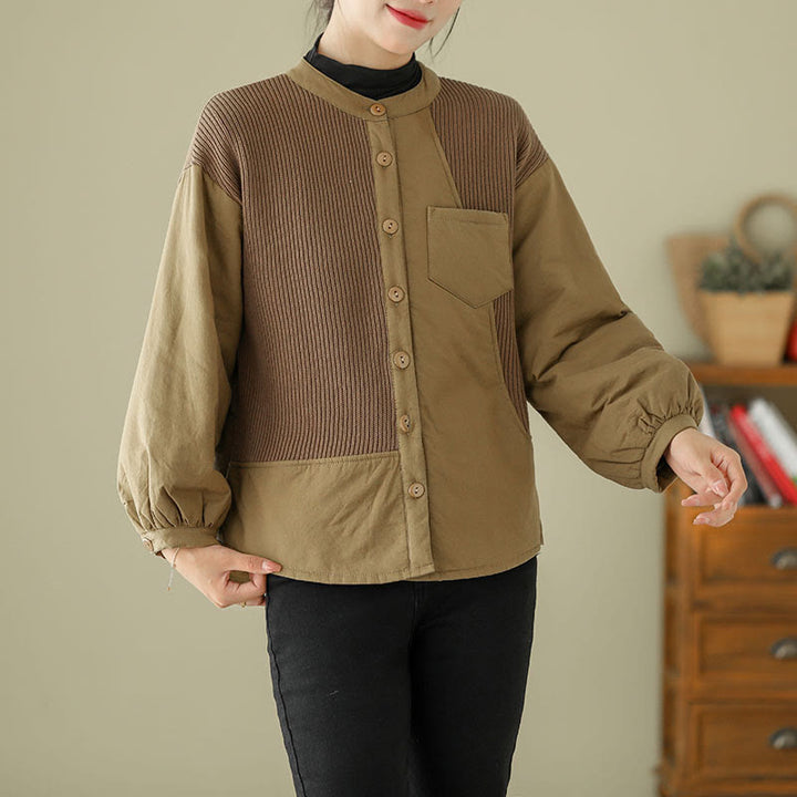 Buddha Stones Commute Plain Patchwork Design Women's Cotton Long Sleeve Jacket With Pocket - image 3