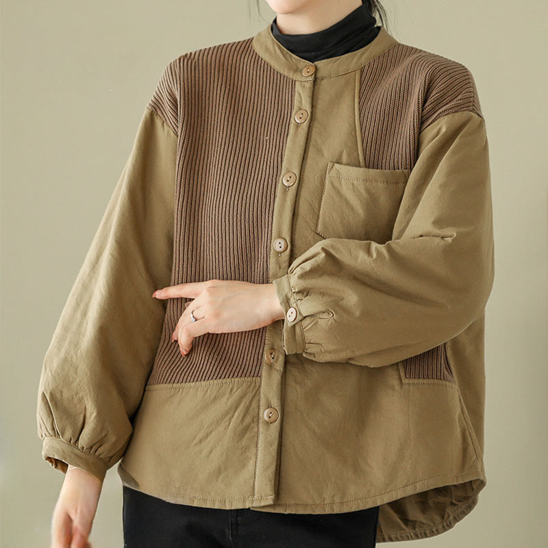 Buddha Stones Commute Plain Patchwork Design Women's Cotton Long Sleeve Jacket With Pocket - image 4