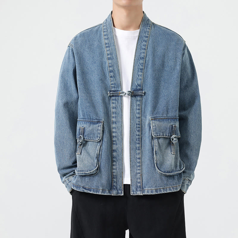 Buddha Stones Denim Button Design Men's Cotton Long Sleeve Jacket With Pockets - LightSkyBlue - US/UK/AU48,EU58(5XL) - image 11