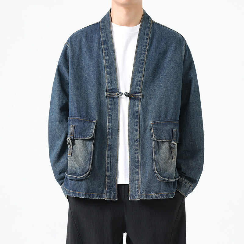 Buddha Stones Denim Button Design Men's Cotton Long Sleeve Jacket With Pockets - SteelBlue - US/UK/AU48,EU58(5XL) - image 18