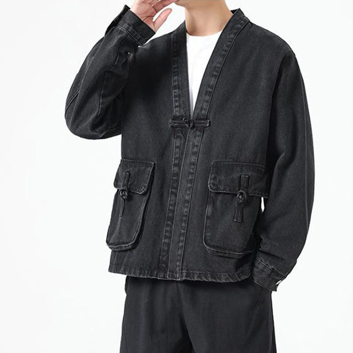 Buddha Stones Denim Button Design Men's Cotton Long Sleeve Jacket With Pockets - image 3