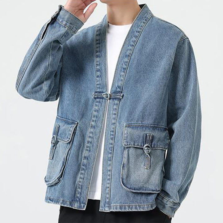 Buddha Stones Denim Button Design Men's Cotton Long Sleeve Jacket With Pockets - image 14