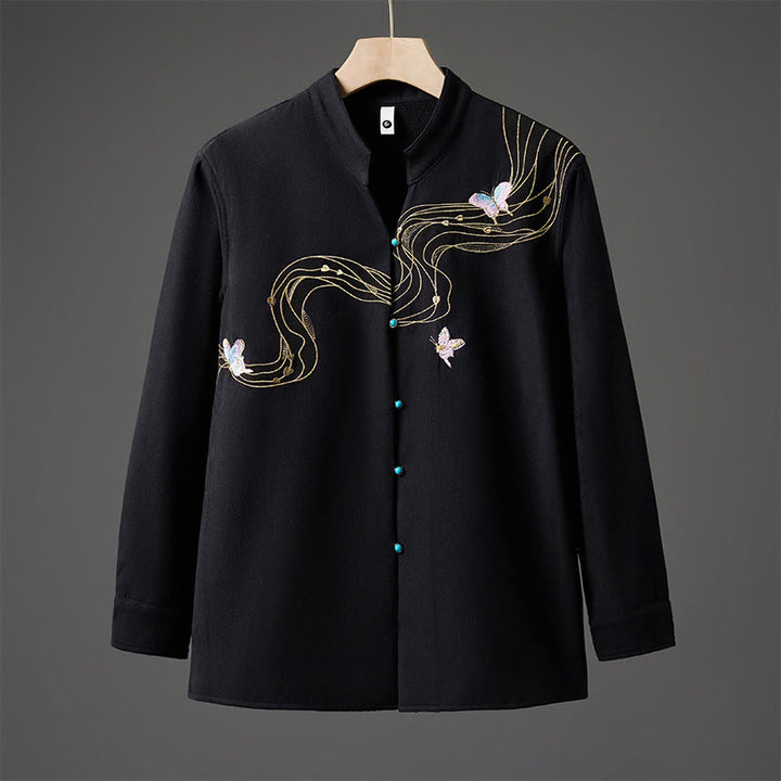 Buddha Stones Winter Embroidered Butterfly Ribbon Fleece-Lined Men's Cotton Long Sleeve Jacket - Black - US/UK/AU46,EU56 (5XL) - image 0