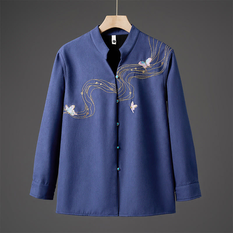 Buddha Stones Winter Embroidered Butterfly Ribbon Fleece-Lined Men's Cotton Long Sleeve Jacket - SteelBlue - US/UK/AU46,EU56 (5XL) - image 13