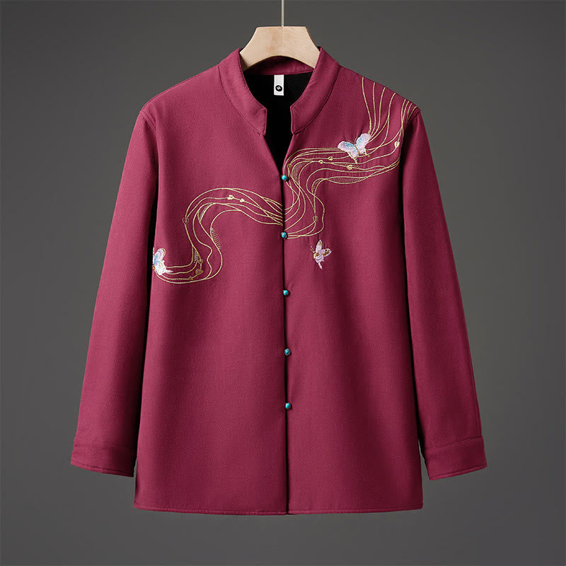 Buddha Stones Winter Embroidered Butterfly Ribbon Fleece-Lined Men's Cotton Long Sleeve Jacket - FireBrick - US/UK/AU46,EU56 (5XL) - image 7