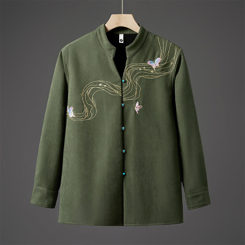 Buddha Stones Winter Embroidered Butterfly Ribbon Fleece-Lined Men's Cotton Long Sleeve Jacket - ForestGreen - US/UK/AU46,EU56 (5XL) - image 11