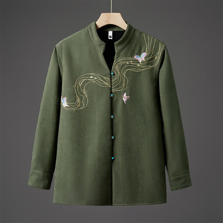 Buddha Stones Winter Embroidered Butterfly Ribbon Fleece-Lined Men's Cotton Long Sleeve Jacket - ForestGreen - US/UK/AU46,EU56 (5XL) - image 11