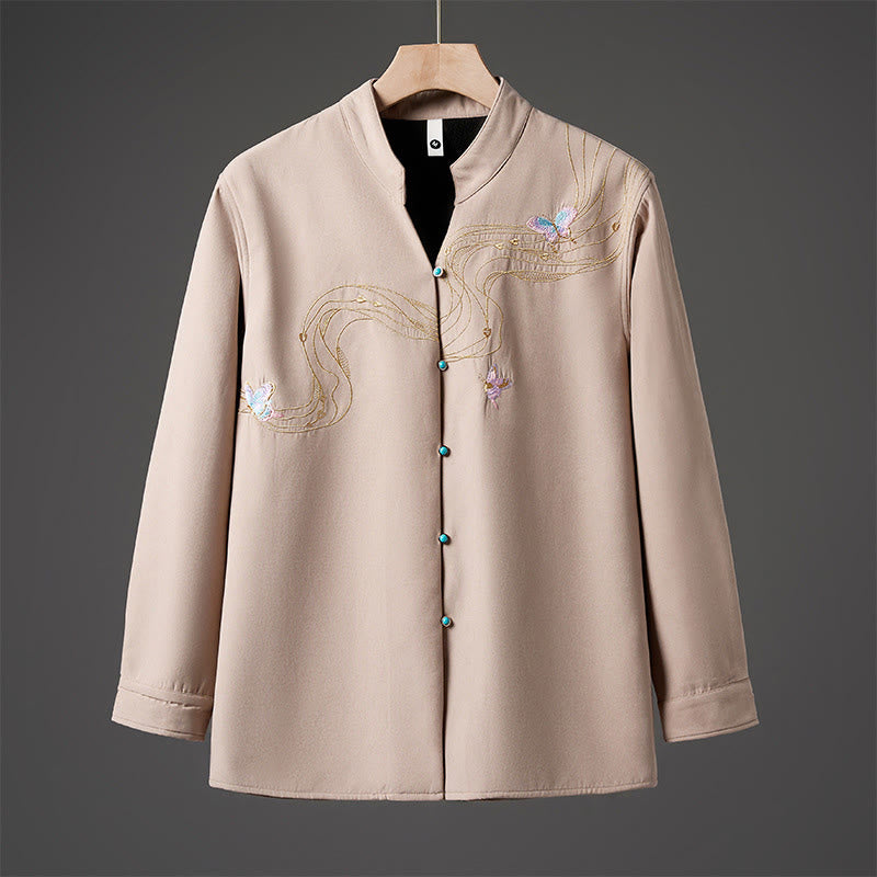 Buddha Stones Winter Embroidered Butterfly Ribbon Fleece-Lined Men's Cotton Long Sleeve Jacket - Bisque - US/UK/AU46,EU56 (5XL) - image 9