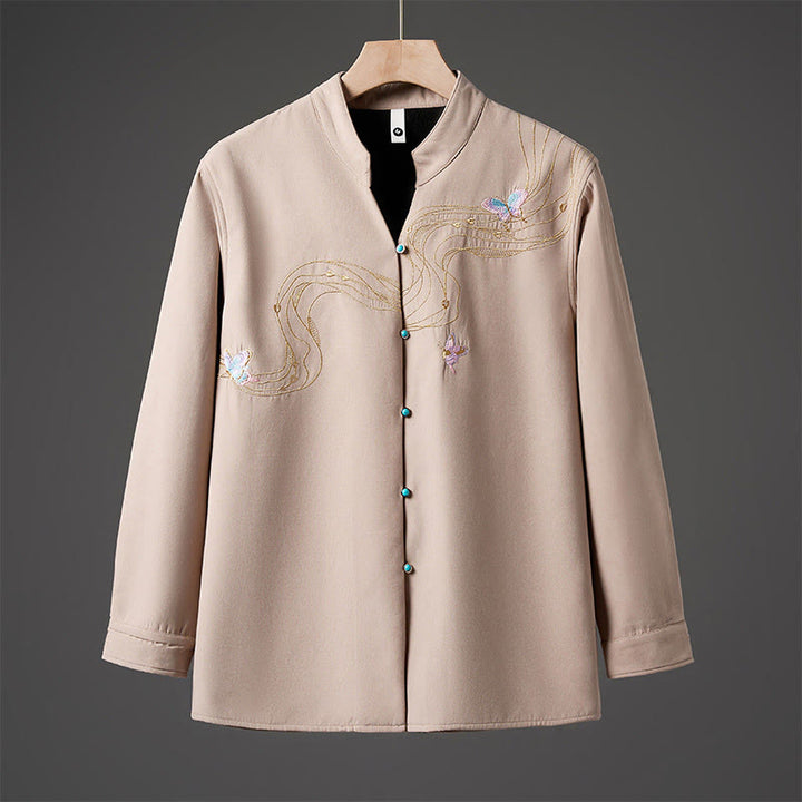 Buddha Stones Winter Embroidered Butterfly Ribbon Fleece-Lined Men's Cotton Long Sleeve Jacket - Bisque - US/UK/AU46,EU56 (5XL) - image 9