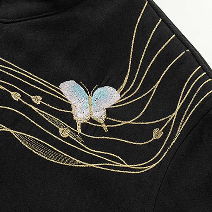 Buddha Stones Winter Embroidered Butterfly Ribbon Fleece-Lined Men's Cotton Long Sleeve Jacket - image 3