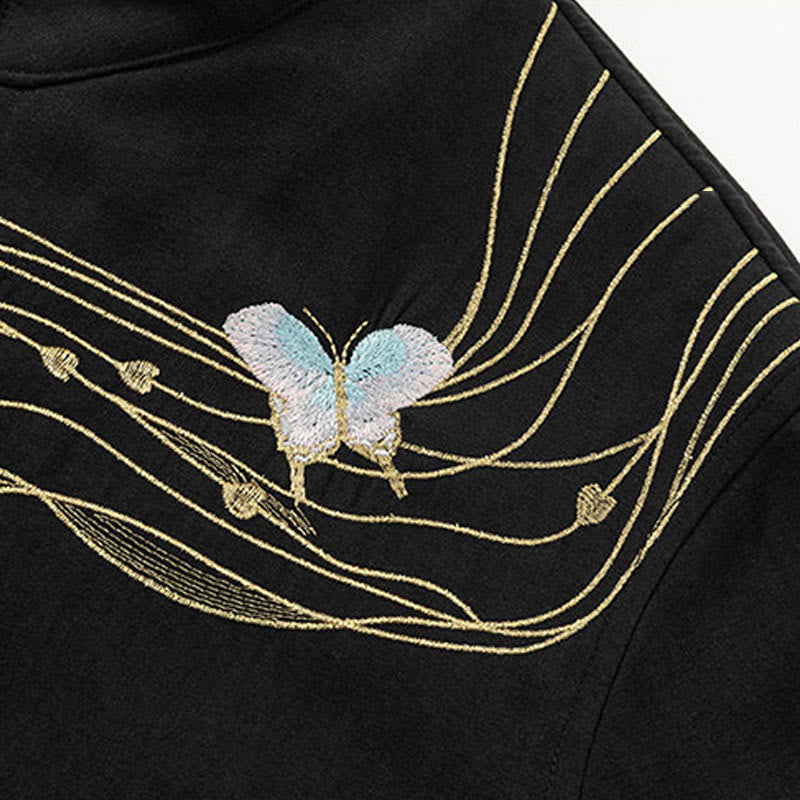 Buddha Stones Winter Embroidered Butterfly Ribbon Fleece-Lined Men's Cotton Long Sleeve Jacket - image 3