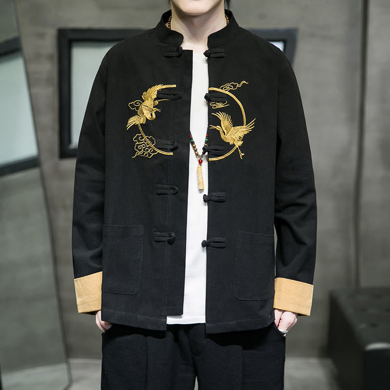 Buddha Stones Embroidered Cranes Auspicious Clouds Frog-Button Long Sleeve Cotton Linen Men's Shirt - Black - US/UK/AU46,EU56 (5XL) - image 14