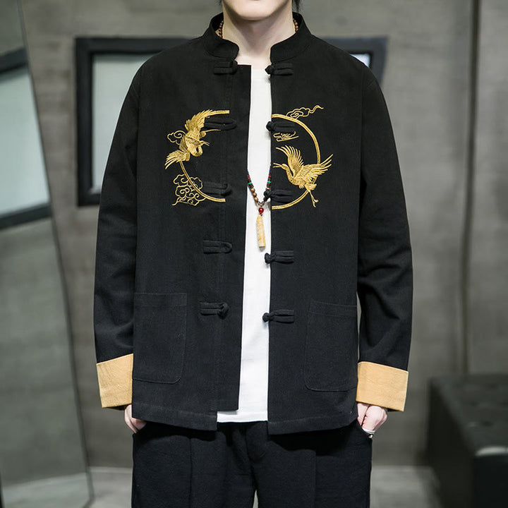 Buddha Stones Embroidered Cranes Auspicious Clouds Frog-Button Long Sleeve Cotton Linen Men's Shirt - Black - US/UK/AU46,EU56 (5XL) - image 14