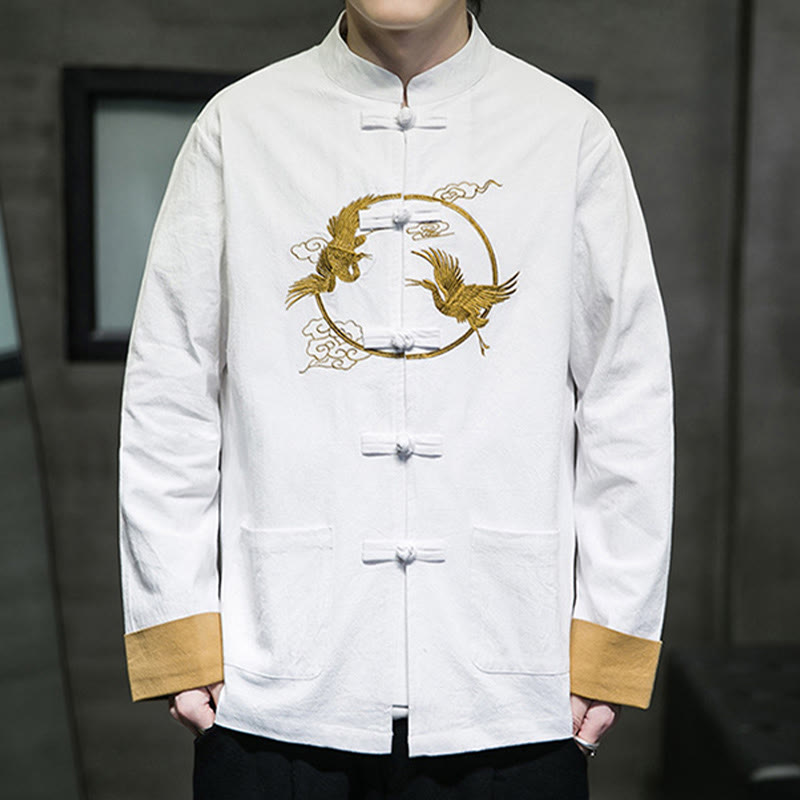 Buddha Stones Embroidered Cranes Auspicious Clouds Frog-Button Long Sleeve Cotton Linen Men's Shirt - image 2