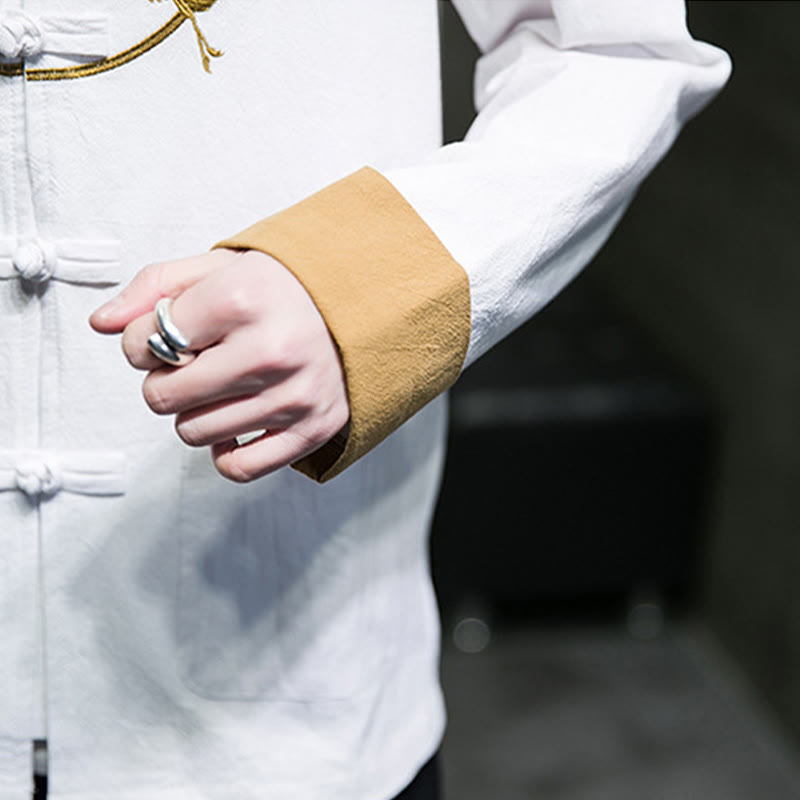 Buddha Stones Embroidered Cranes Auspicious Clouds Frog-Button Long Sleeve Cotton Linen Men's Shirt - image 13