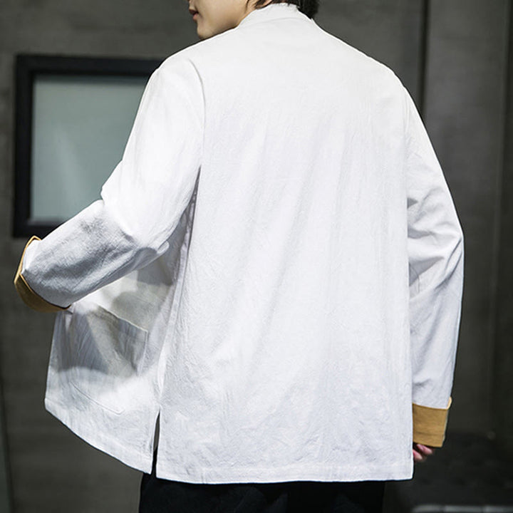 Buddha Stones Embroidered Cranes Auspicious Clouds Frog-Button Long Sleeve Cotton Linen Men's Shirt - image 4