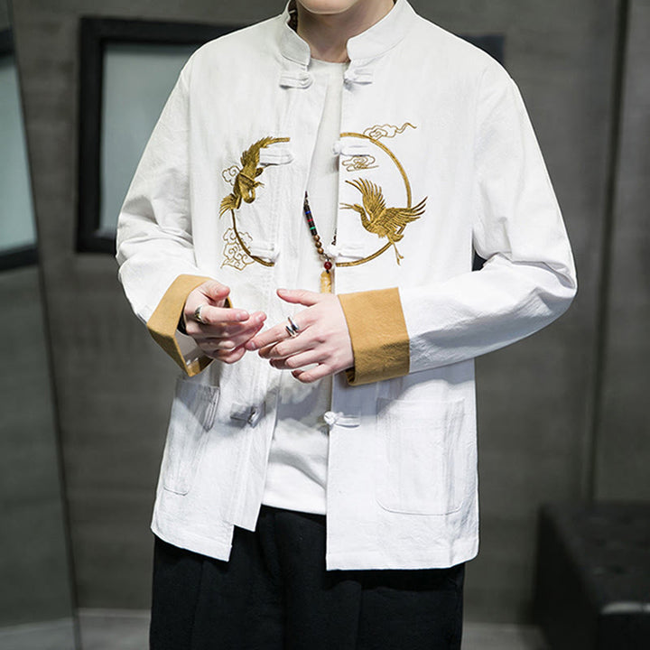 Buddha Stones Embroidered Cranes Auspicious Clouds Frog-Button Long Sleeve Cotton Linen Men's Shirt - image 9