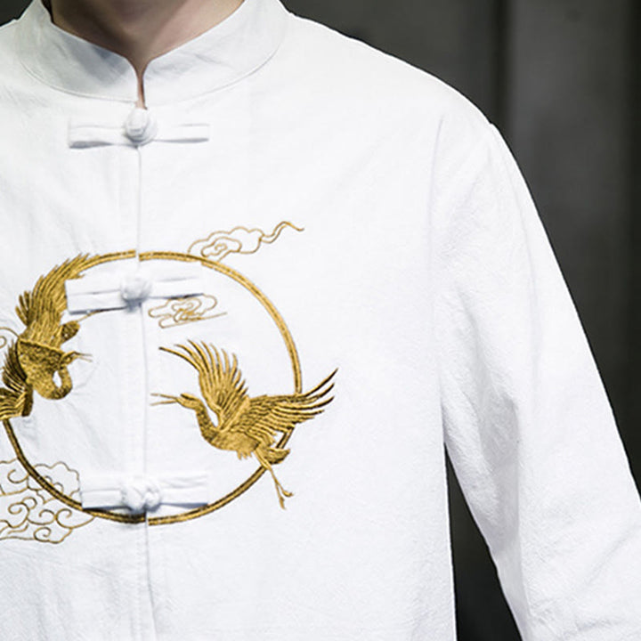 Buddha Stones Embroidered Cranes Auspicious Clouds Frog-Button Long Sleeve Cotton Linen Men's Shirt - image 11