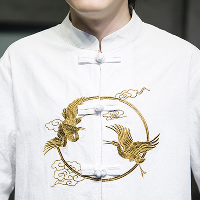 Buddha Stones Embroidered Cranes Auspicious Clouds Frog-Button Long Sleeve Cotton Linen Men's Shirt - image 10