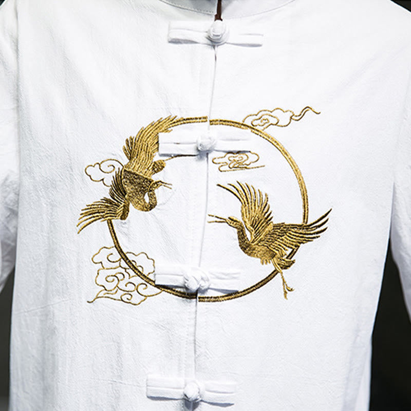 Buddha Stones Embroidered Cranes Auspicious Clouds Frog-Button Long Sleeve Cotton Linen Men's Shirt - image 12