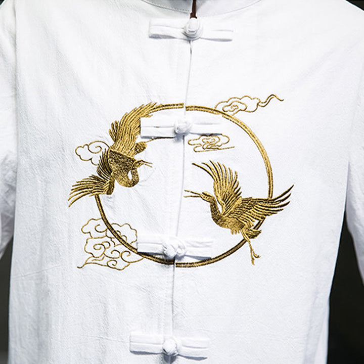 Buddha Stones Embroidered Cranes Auspicious Clouds Frog-Button Long Sleeve Cotton Linen Men's Shirt - image 12