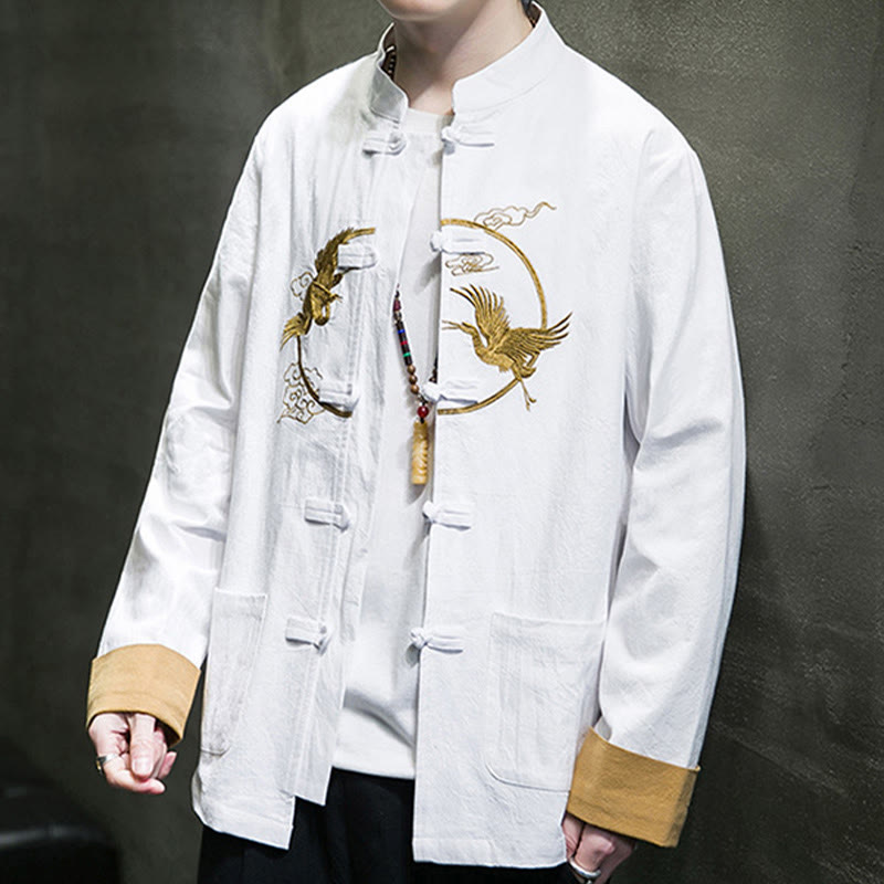 Buddha Stones Embroidered Cranes Auspicious Clouds Frog-Button Long Sleeve Cotton Linen Men's Shirt - image 8