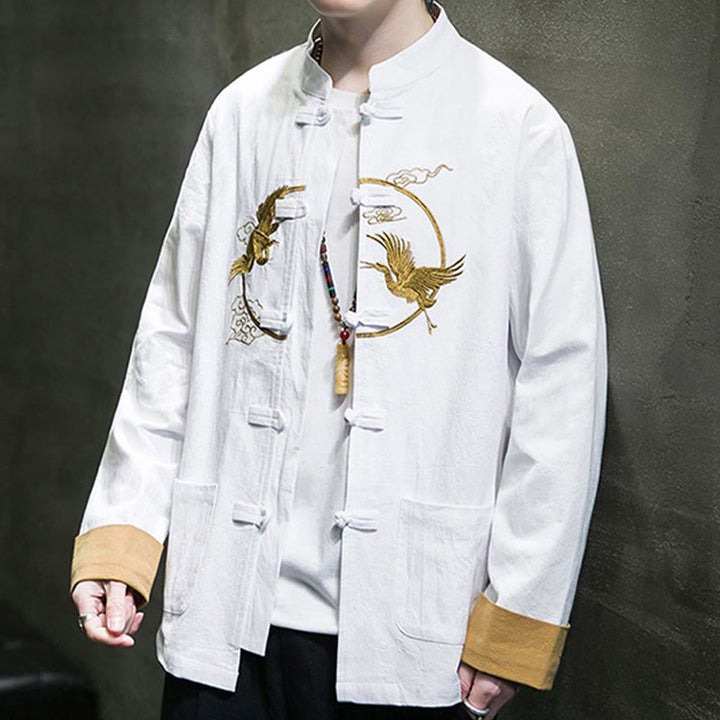 Buddha Stones Embroidered Cranes Auspicious Clouds Frog-Button Long Sleeve Cotton Linen Men's Shirt - image 8