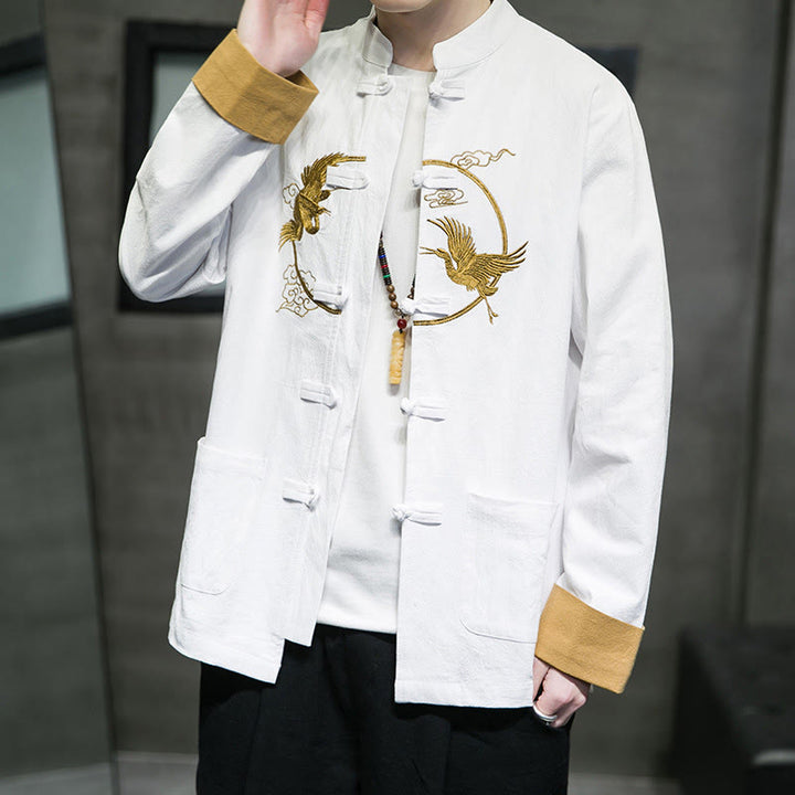 Buddha Stones Embroidered Cranes Auspicious Clouds Frog-Button Long Sleeve Cotton Linen Men's Shirt - image 5