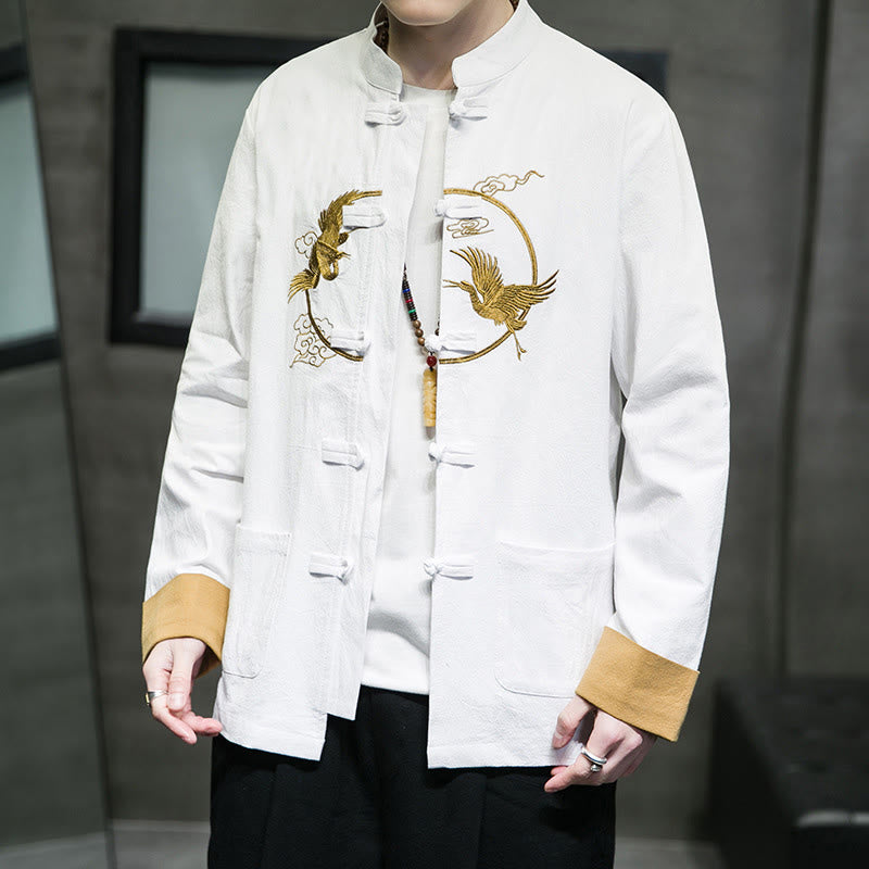 Buddha Stones Embroidered Cranes Auspicious Clouds Frog-Button Long Sleeve Cotton Linen Men's Shirt - image 3