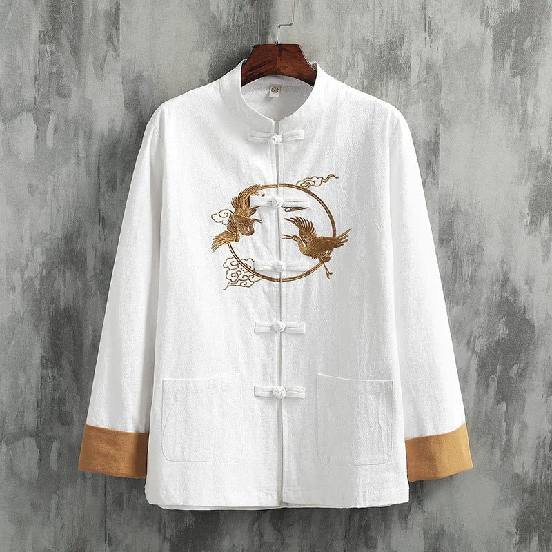 Buddha Stones Embroidered Cranes Auspicious Clouds Frog-Button Long Sleeve Cotton Linen Men's Shirt - White - US/UK/AU46,EU56 (5XL) - image 0