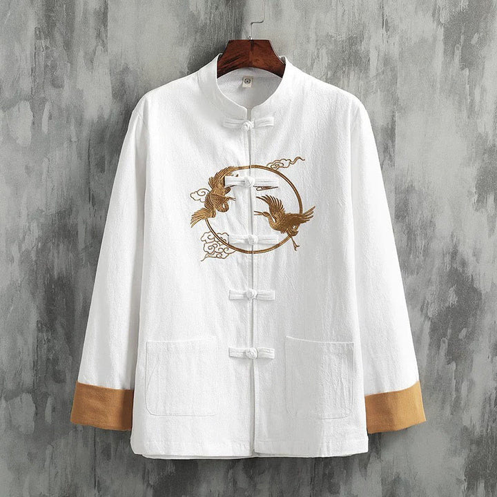 Buddha Stones Embroidered Cranes Auspicious Clouds Frog-Button Long Sleeve Cotton Linen Men's Shirt - White - US/UK/AU46,EU56 (5XL) - image 0