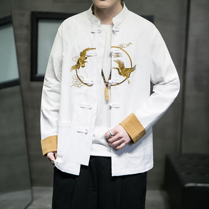 Buddha Stones Embroidered Cranes Auspicious Clouds Frog-Button Long Sleeve Cotton Linen Men's Shirt - image 7